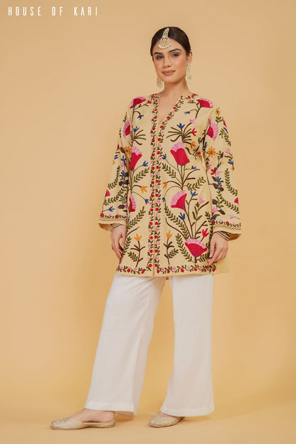 Kashmiri Aari Work Cotton Kurta Jacket – Beige