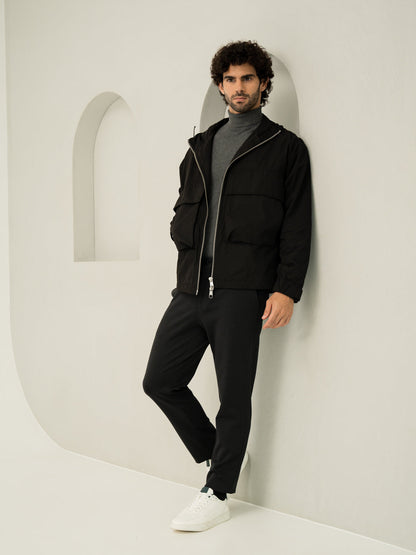 Full front view of black twill structured slim power stretch pant at Pant Project