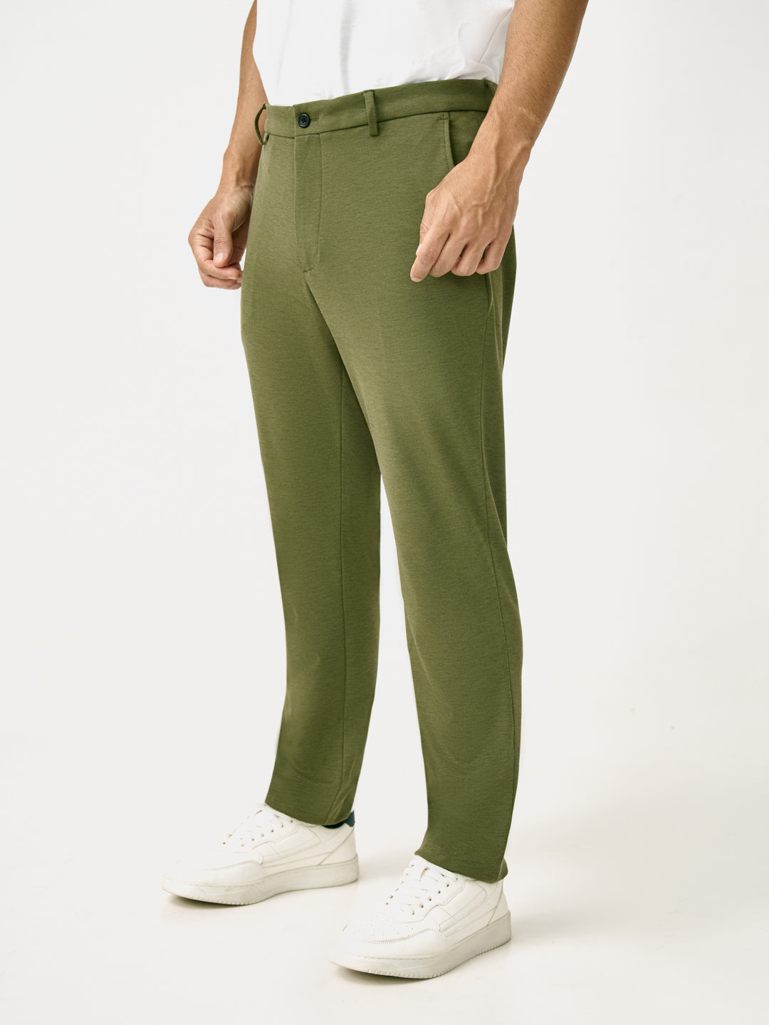 Side front view of greek olive green slim fit power stretch pant at Pant Project