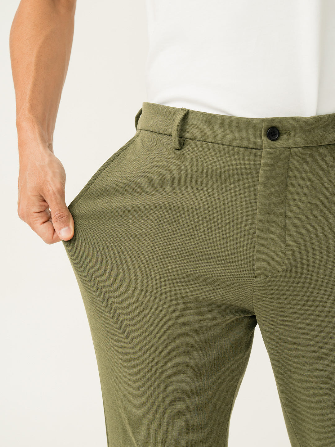 Stretch feature of greek olive green slim fit power stretch pant at Pant Project