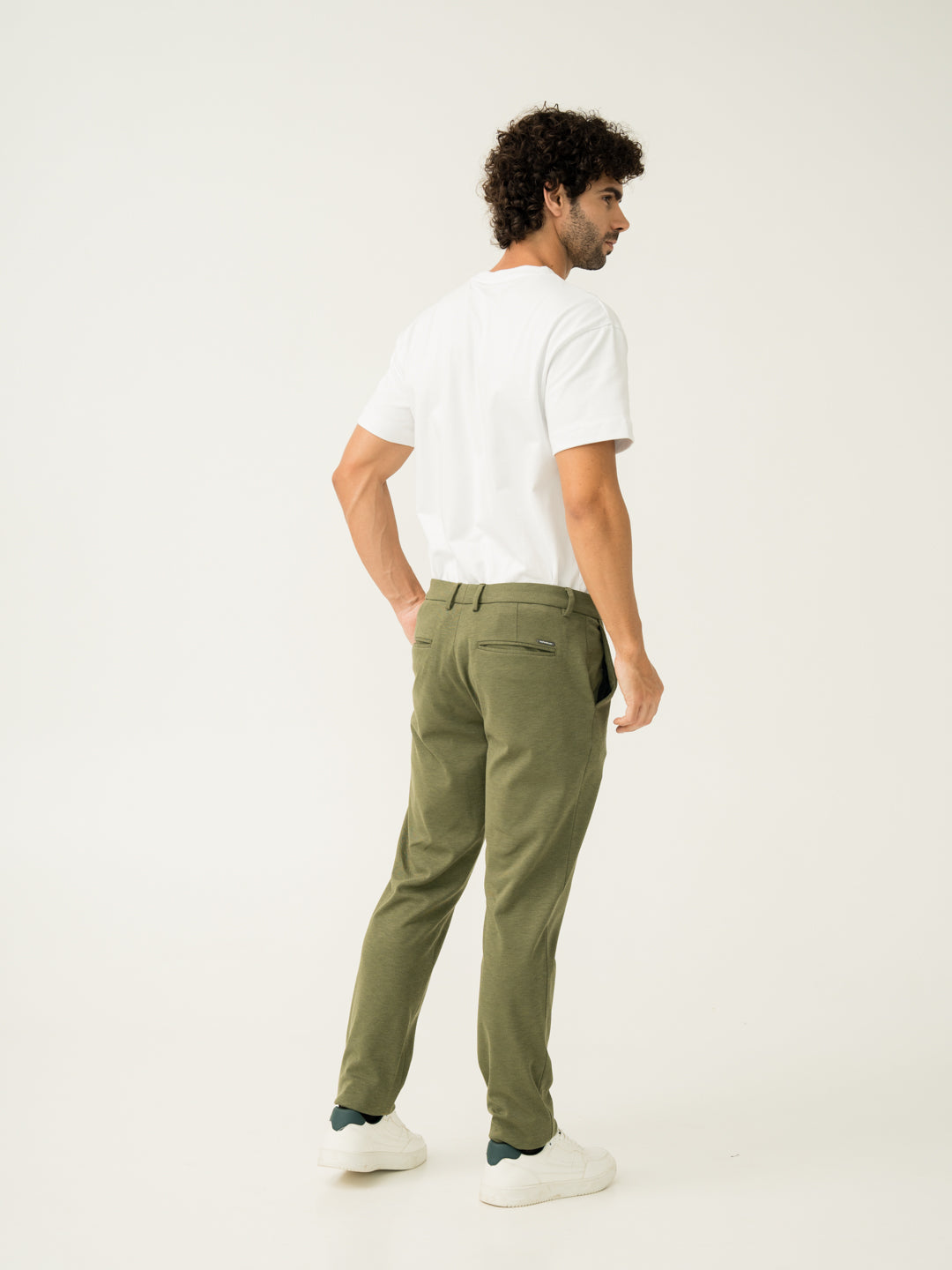 Back side front view of greek olive green slim fit power stretch pant at Pant Project