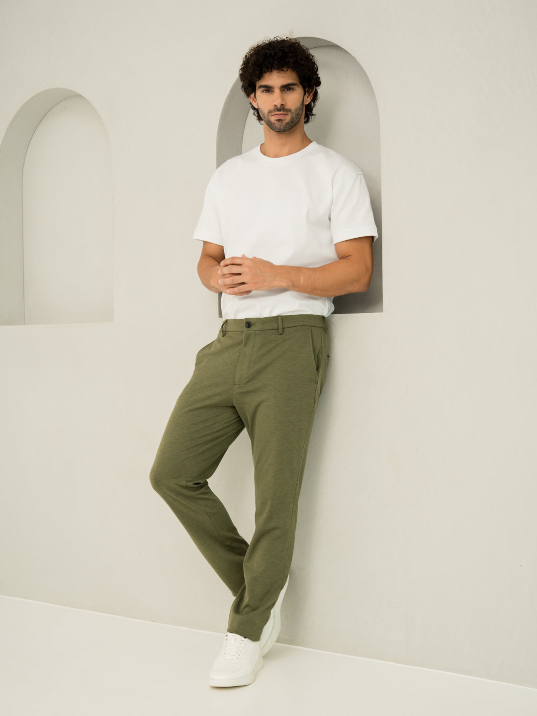 Relaxed fit of greek olive green slim fit power stretch pant at Pant Project