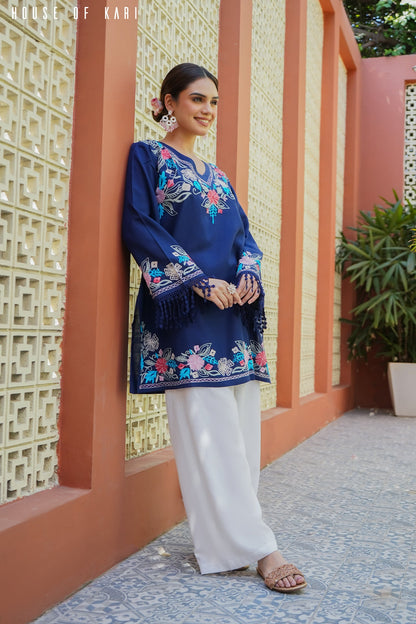 Kashmiri Aari Work Cotton Kurta – Royal Blue