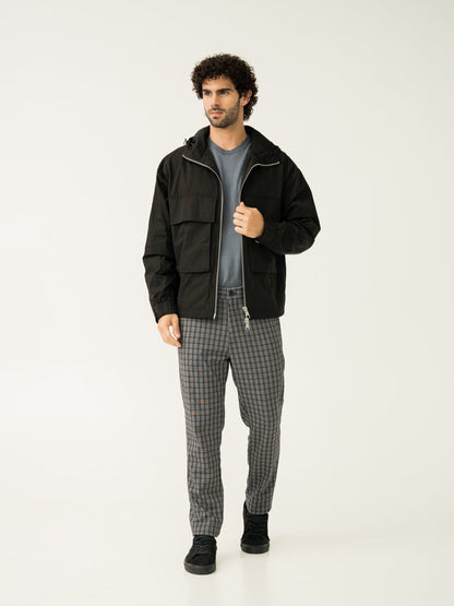 Full view of crow black checks slim fit power stretch pant at Pant Project