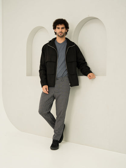 Full front view of crow black checks slim fit power stretch pant at Pant Project