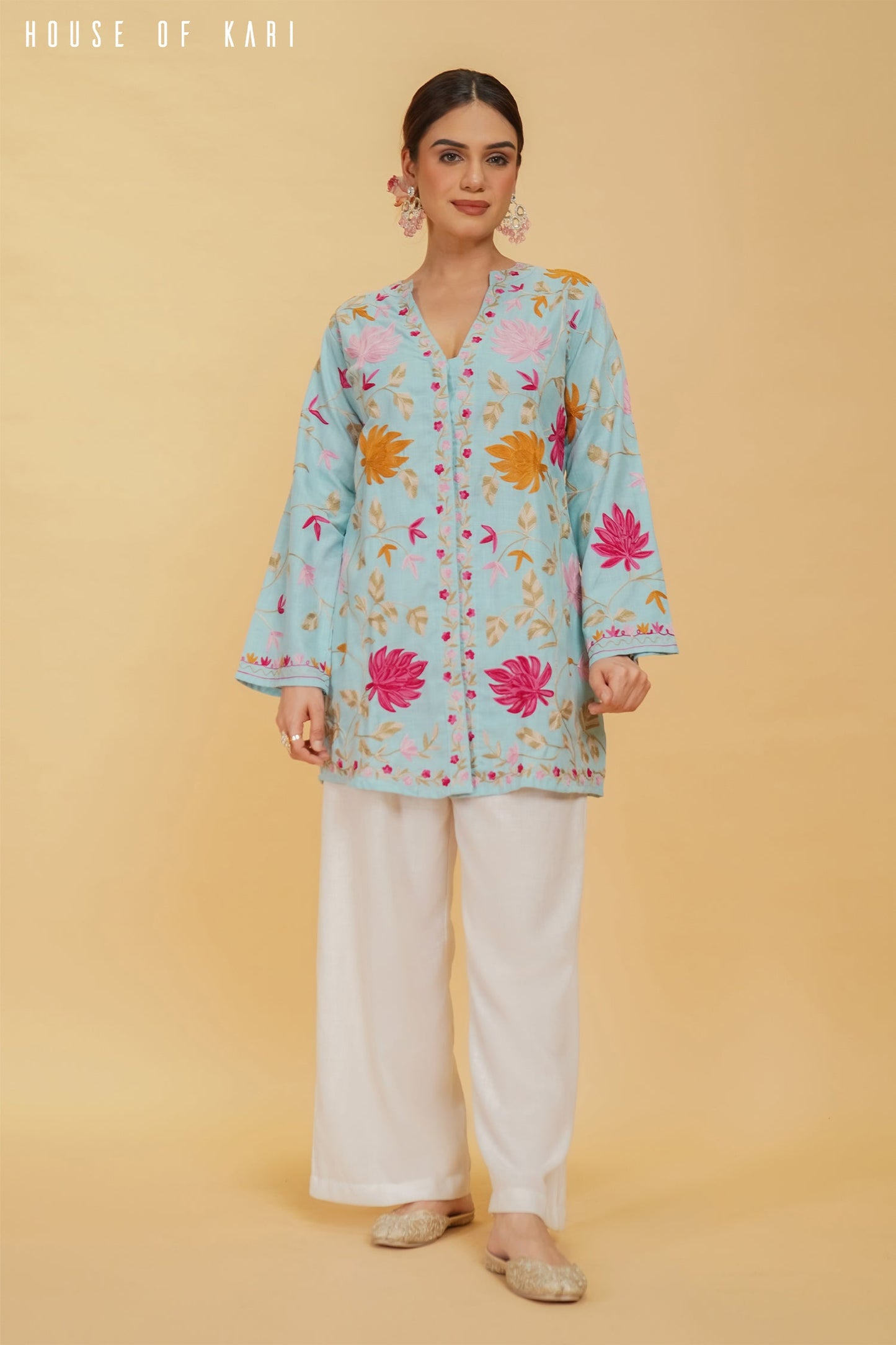 Pralambika in Kashmiri Aari Work Cotton Kurta Jacket – Sky Blue
