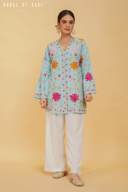 Pralambika in Kashmiri Aari Work Cotton Kurta Jacket – Sky Blue