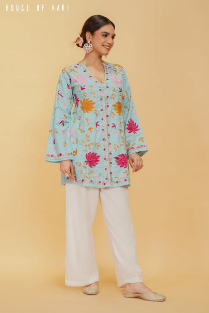 Pralambika in Kashmiri Aari Work Cotton Kurta Jacket – Sky Blue