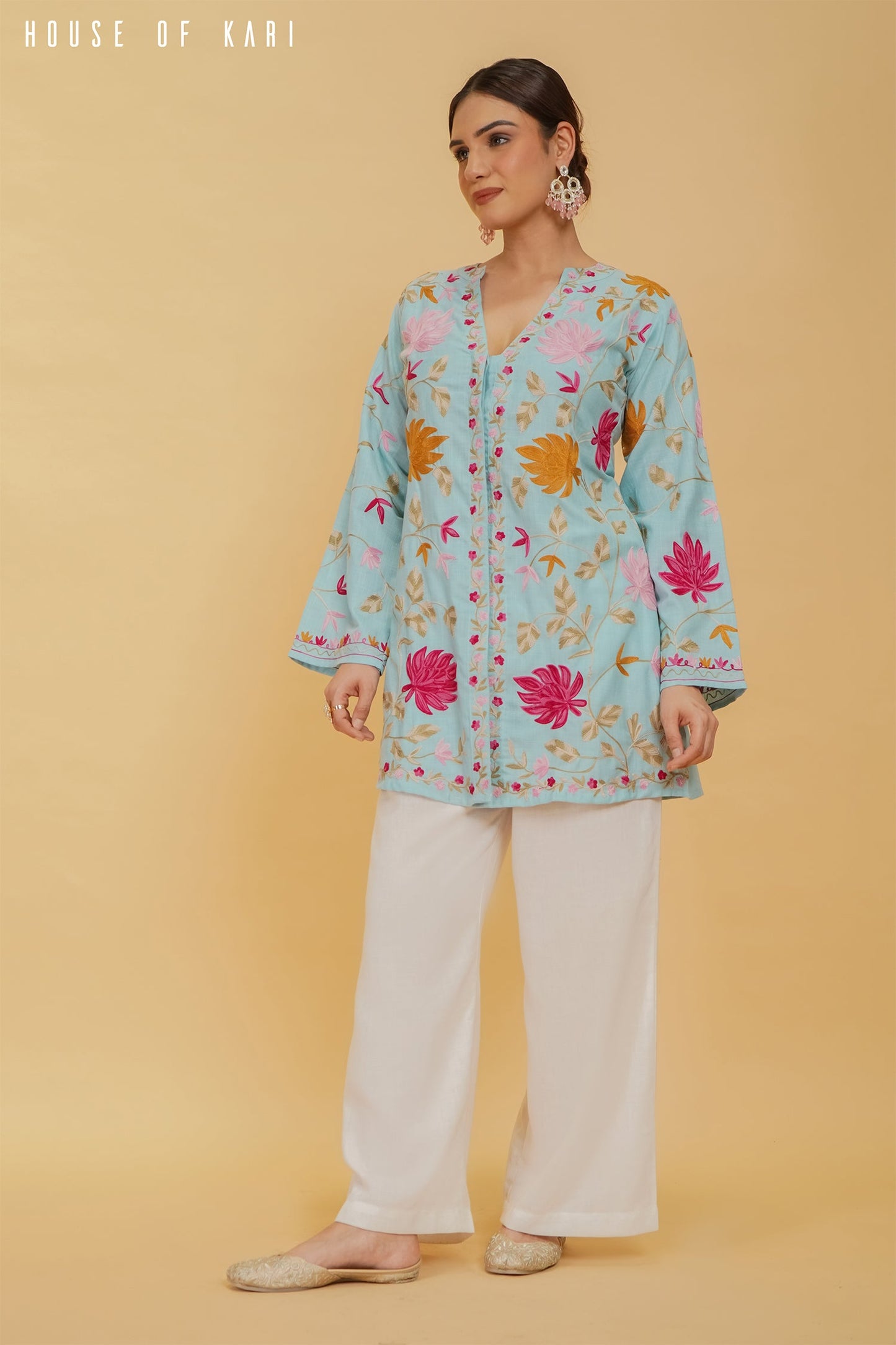 Pralambika in Kashmiri Aari Work Cotton Kurta Jacket – Sky Blue