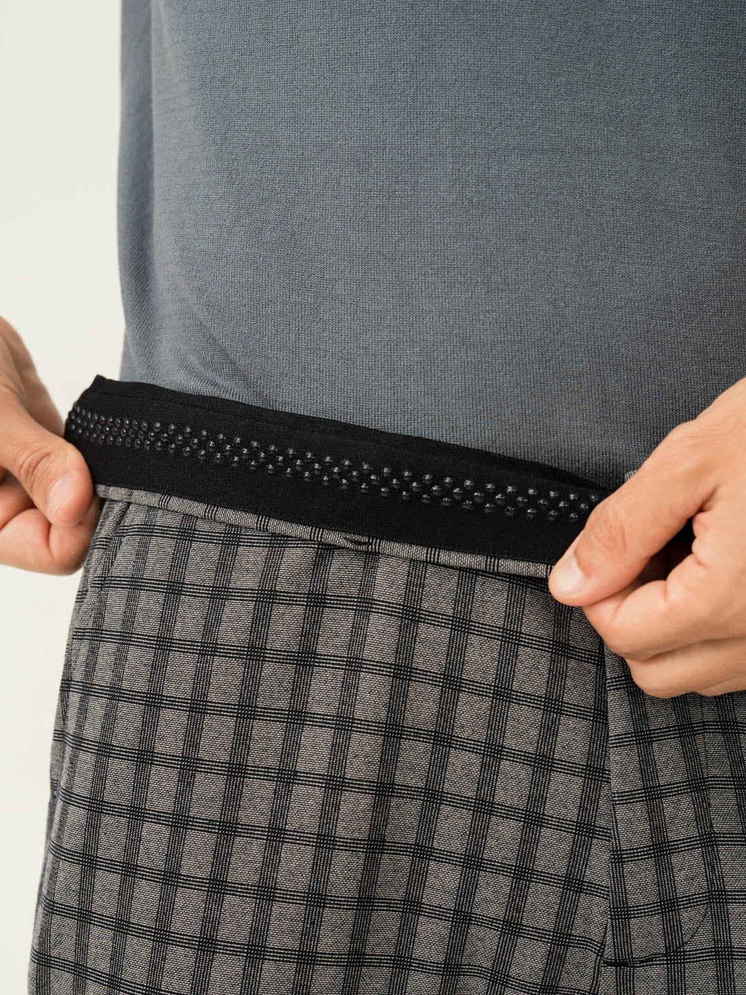 Stretch waistband close up of crow black checks slim fit power stretch pant at Pant Project