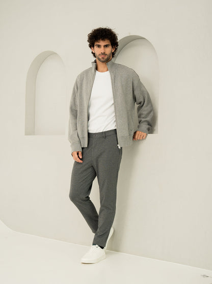 Relaxed fit of medium grey checks slim fit power stretch pant at Pant Project