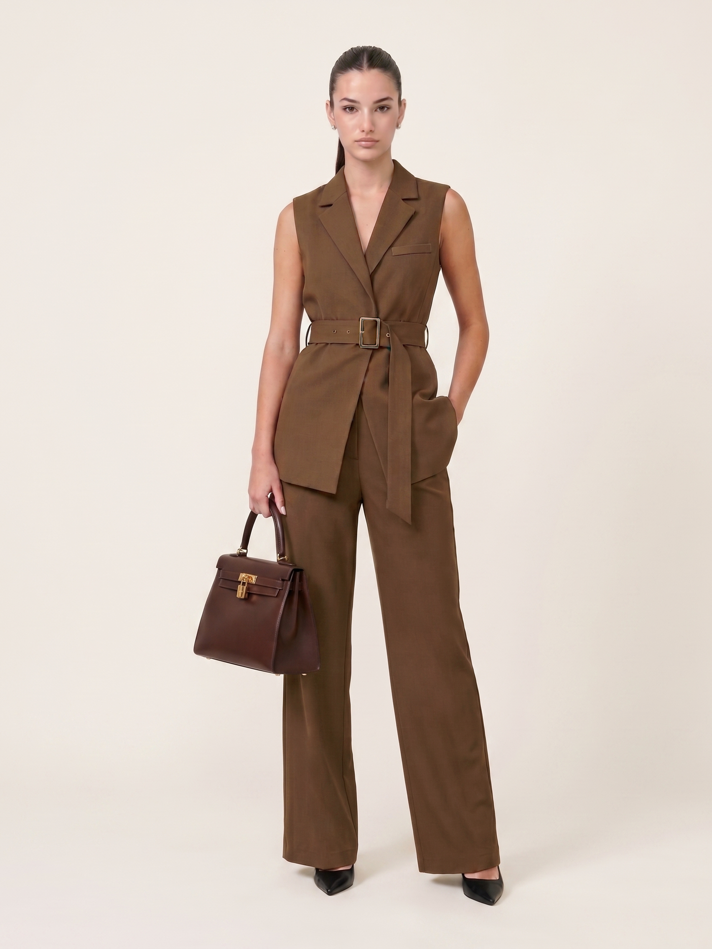 Belted Blazer Co-ord - Dark Fawn