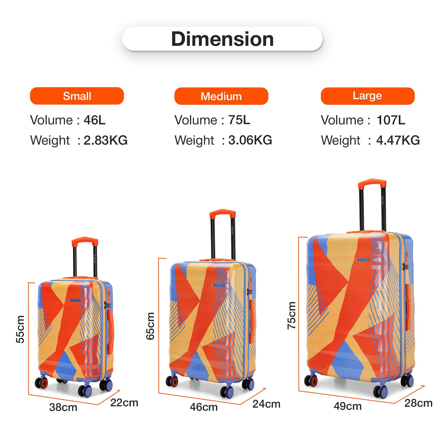 Nasher Miles Chicago Hard-Sided Polycarbonate Printed Check-in Luggage Orange Blue 24 inch (65) Trolley Bag