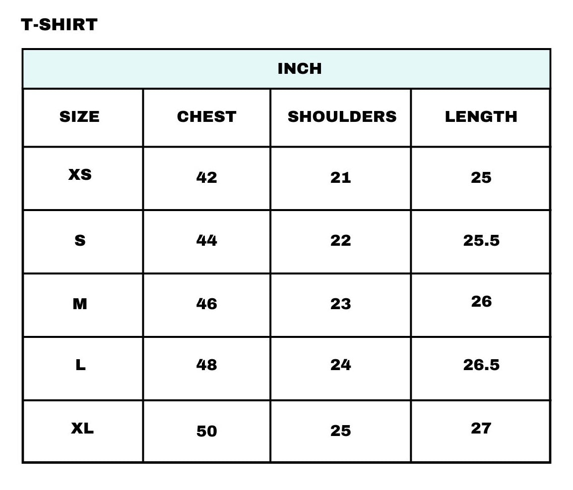 Size Chart for Flock Washed Light Grey Tshirt