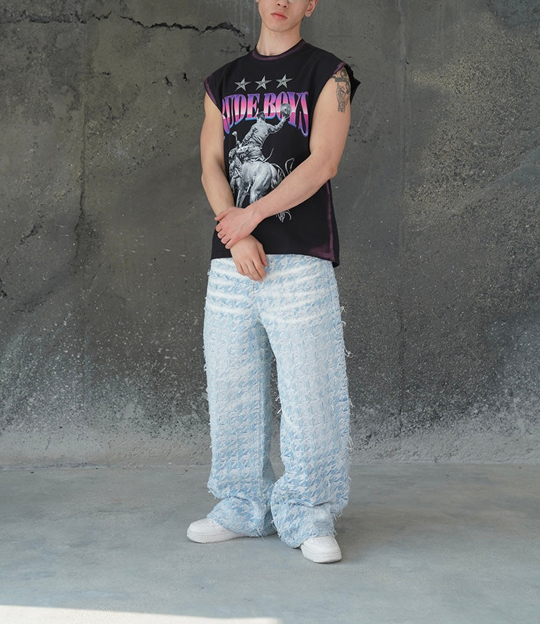 CHECKERED BLUE GRADIENT DISTRESSED FABRIC VALKYRE PANTS
