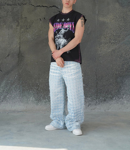 CHECKERED BLUE GRADIENT DISTRESSED FABRIC VALKYRE PANTS