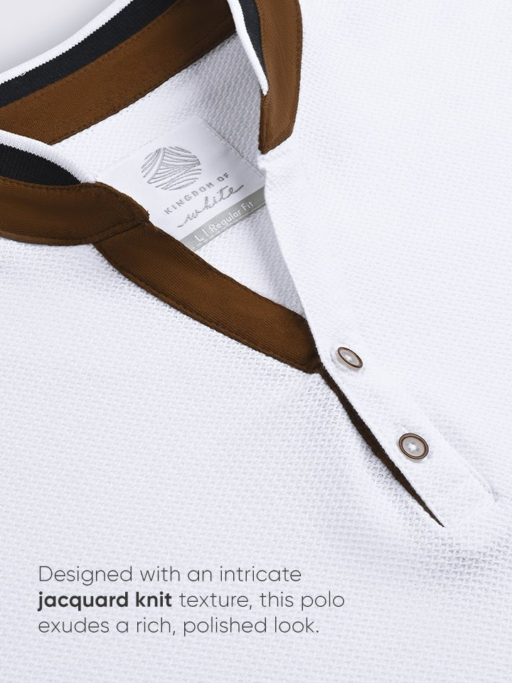 White Textured Mandarin Collar Polo T-shirt | Kingdom Of White at Broadway
