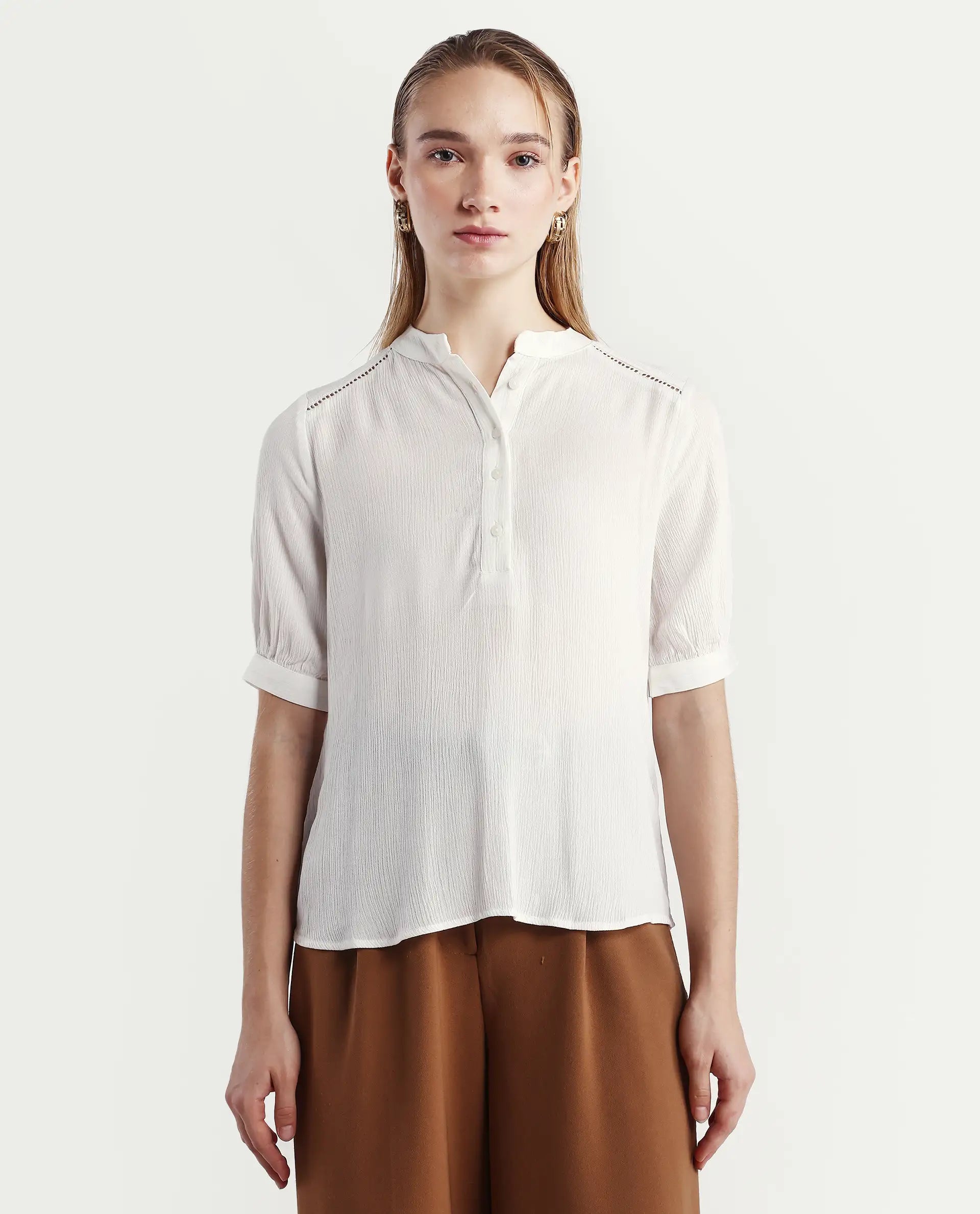 Rareism Women's Elane White Viscose Mandarin Collar Regular Fit Plain Top | RAREISM at Broadway