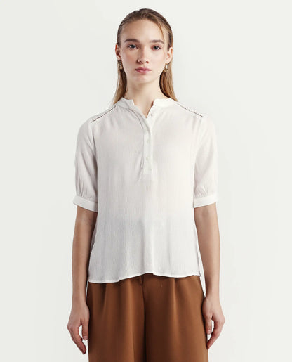 Rareism Women's Elane White Viscose Mandarin Collar Regular Fit Plain Top | RAREISM at Broadway