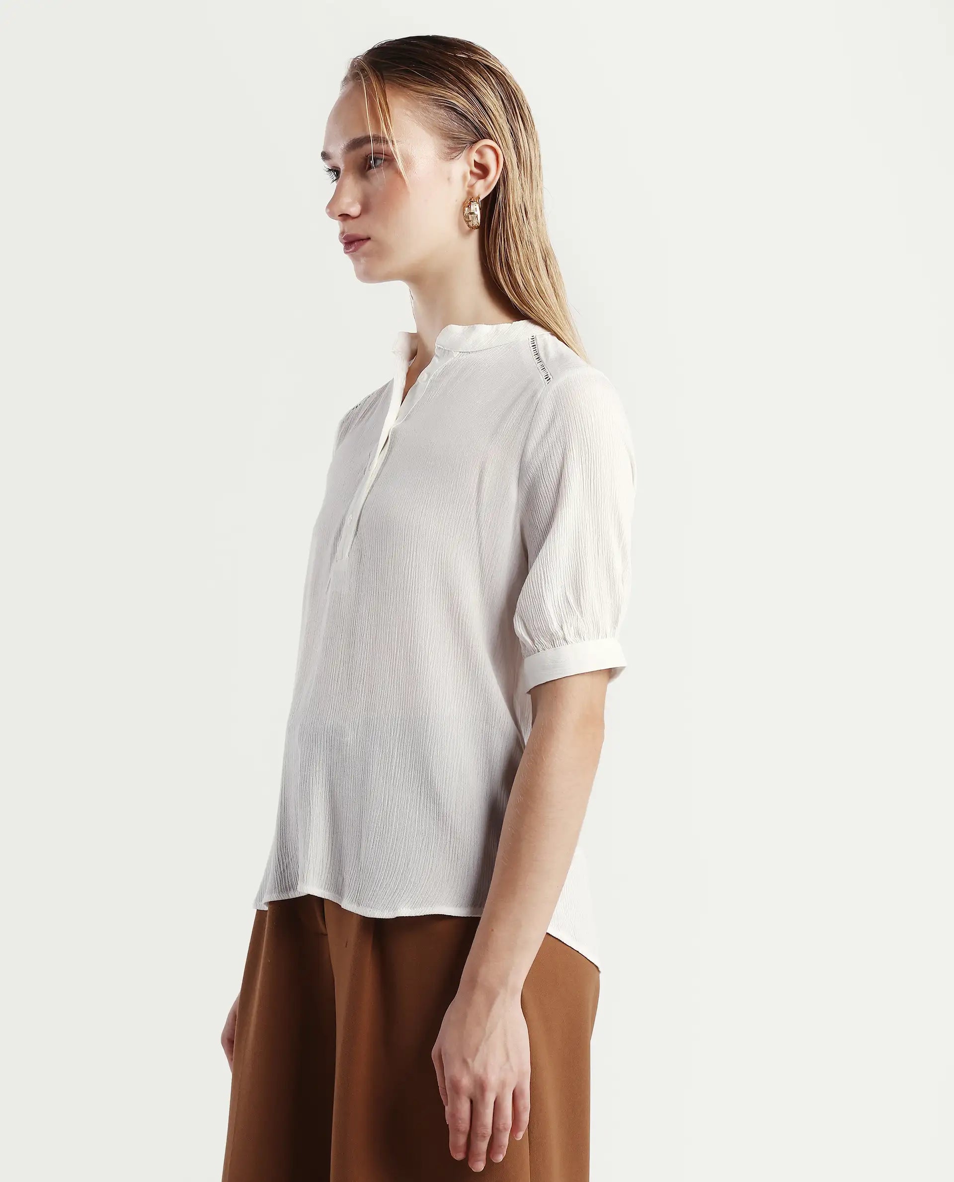 Rareism Women's Elane White Viscose Mandarin Collar Regular Fit Plain Top | RAREISM at Broadway