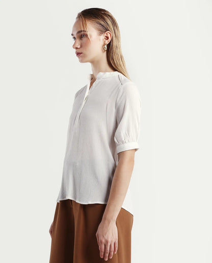 Rareism Women's Elane White Viscose Mandarin Collar Regular Fit Plain Top | RAREISM at Broadway