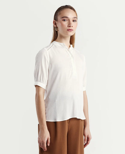 Rareism Women's Elane White Viscose Mandarin Collar Regular Fit Plain Top | RAREISM at Broadway