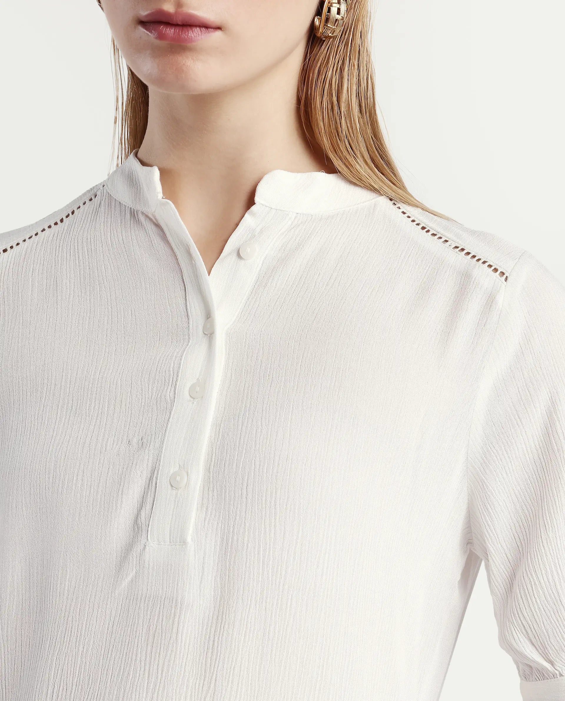 Rareism Women's Elane White Viscose Mandarin Collar Regular Fit Plain Top | RAREISM at Broadway