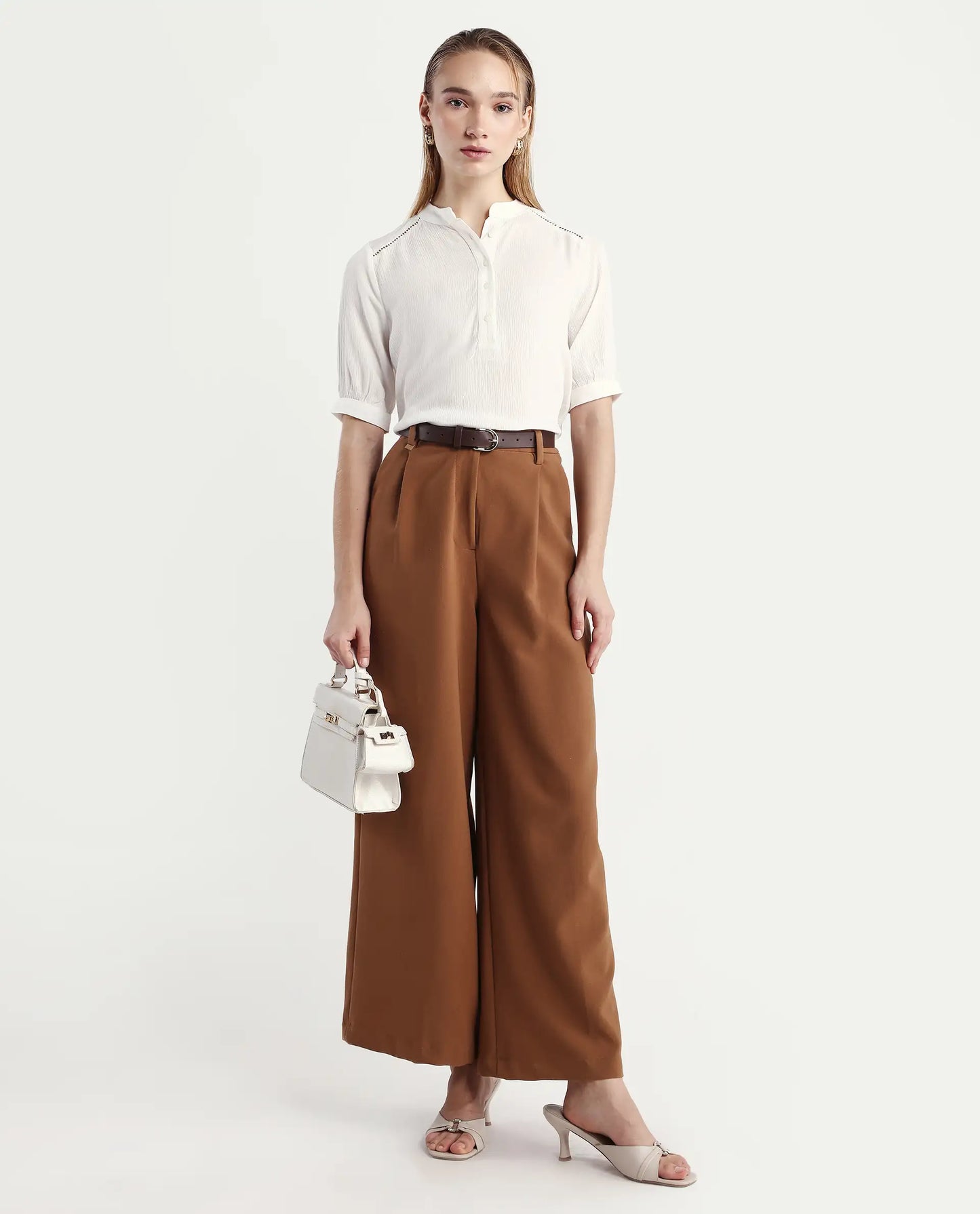 Rareism Women's Elane White Viscose Mandarin Collar Regular Fit Plain Top | RAREISM at Broadway