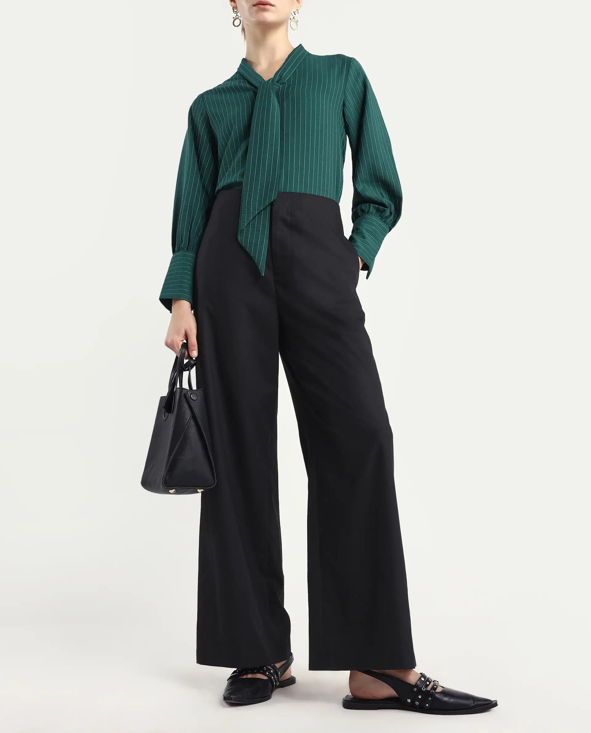 Rareism Women Elary Black Viscose Blend Button Closure Wide Leg Fit Plain Trouser | RAREISM at Broadway