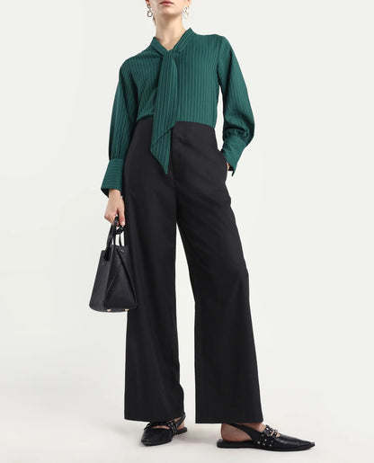 Rareism Women Elary Black Viscose Blend Button Closure Wide Leg Fit Plain Trouser | RAREISM at Broadway
