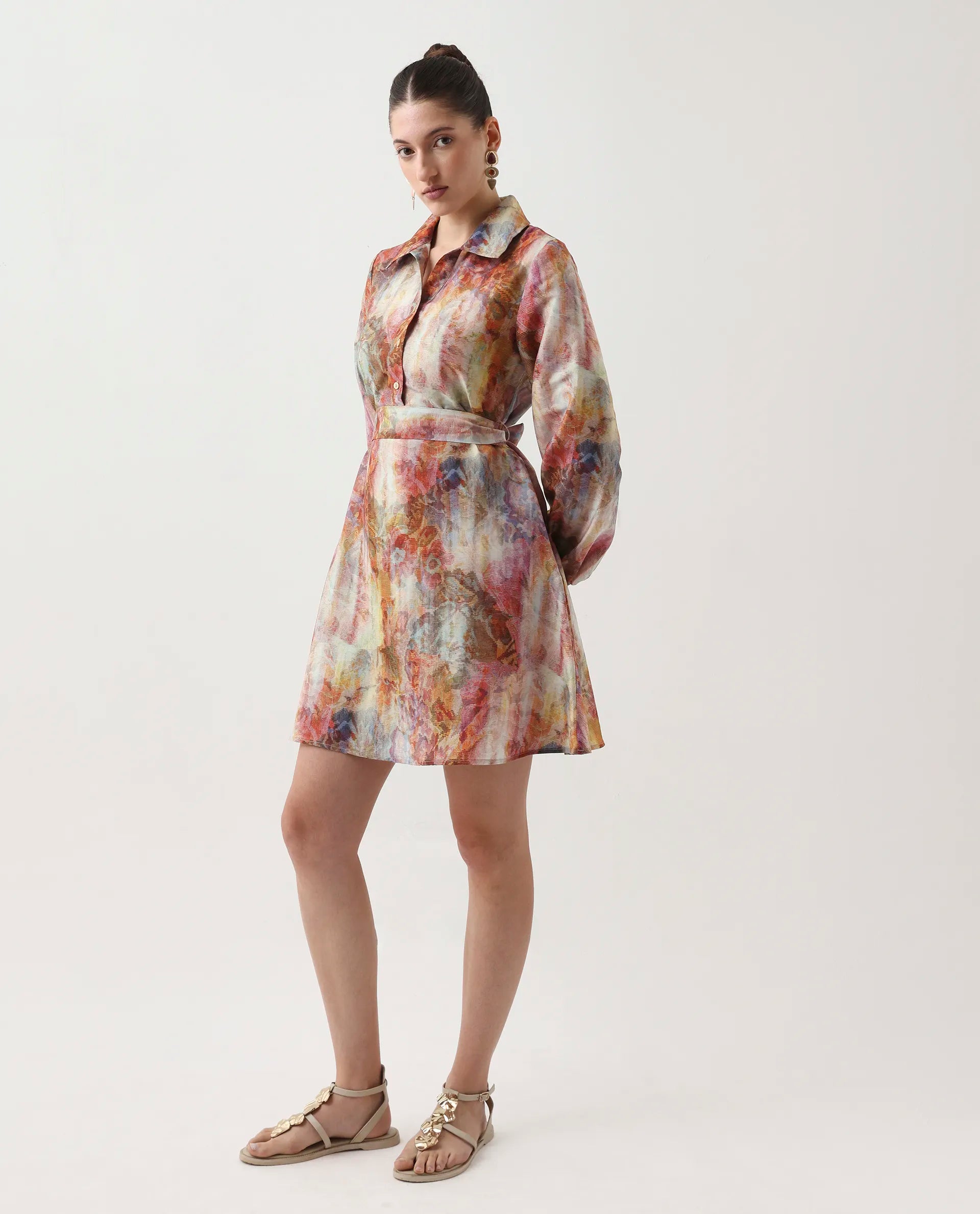 Rareism Women's Elbon Multi Polyester Collared Neck A-Line Printed Dress | RAREISM at Broadway