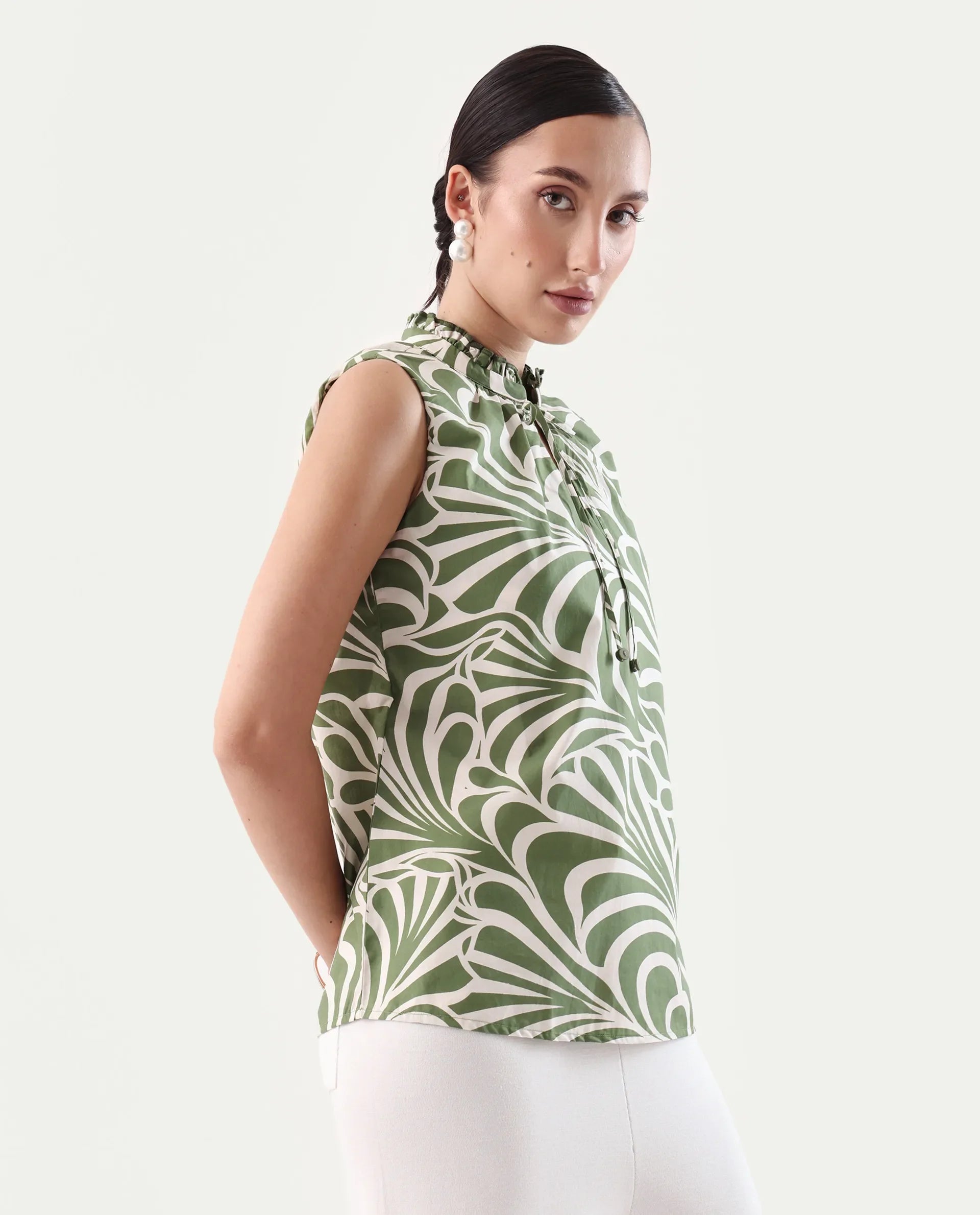 Rareism Women's Elcie Olive Cotton Mandarin Collar Regular Fit Top | RAREISM at Broadway