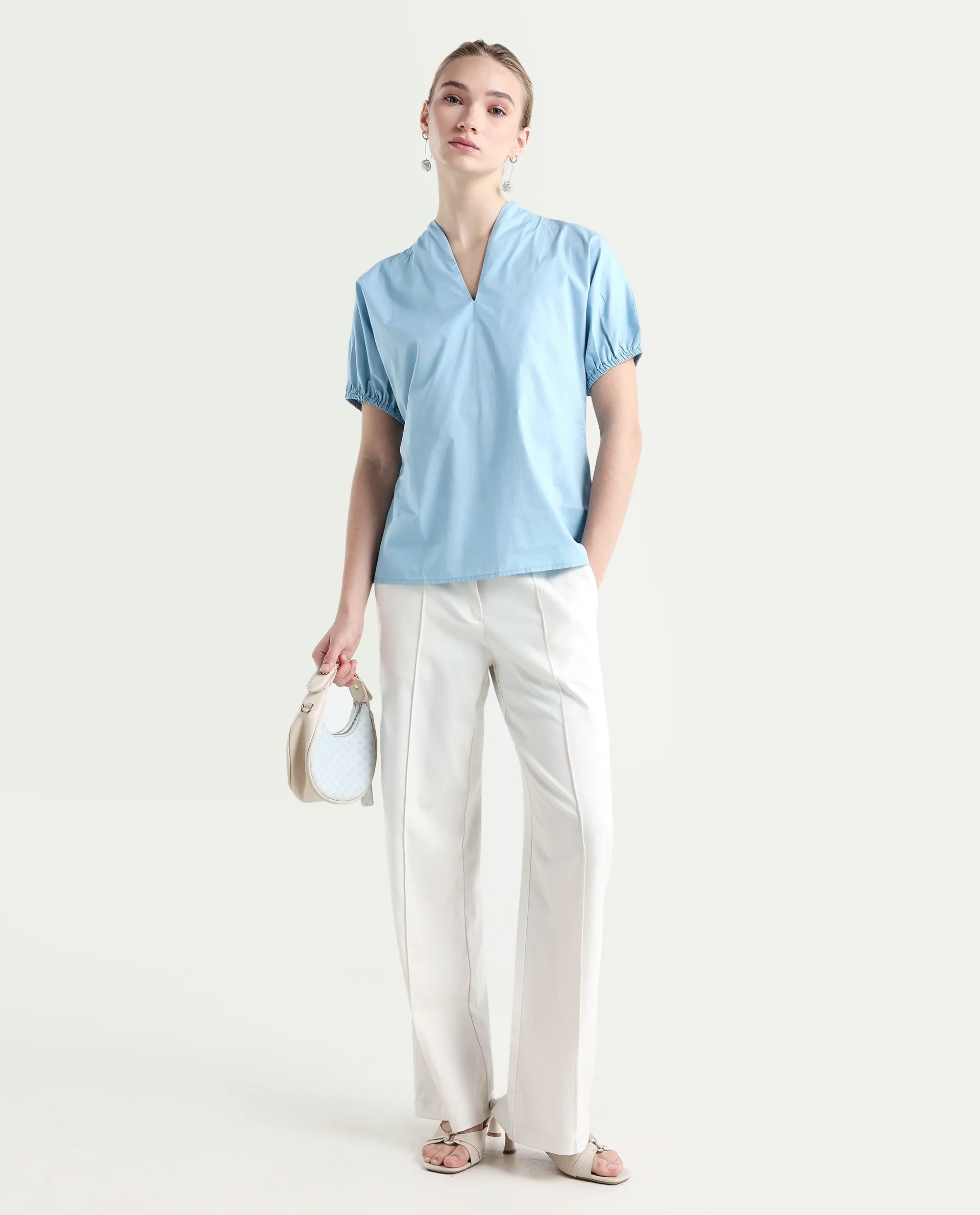 Rareism Women's Eldee Blue Cotton V-Neck Regular Fit Plain Top | RAREISM at Broadway