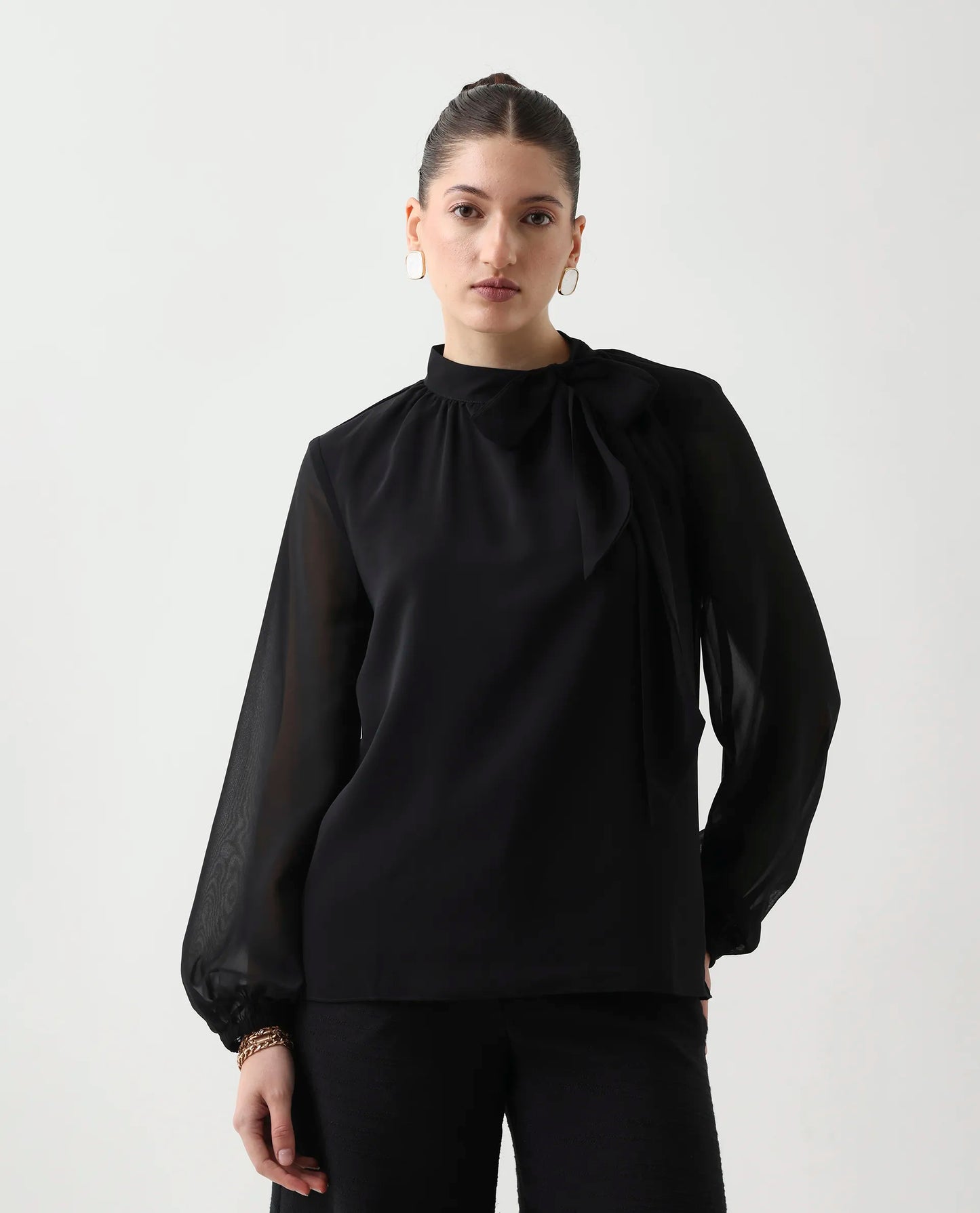 Rareism Women's Elden Black Polyester Bishop Sleeve Tie-Up Neck Regular Fit Plain Top | RAREISM at Broadway