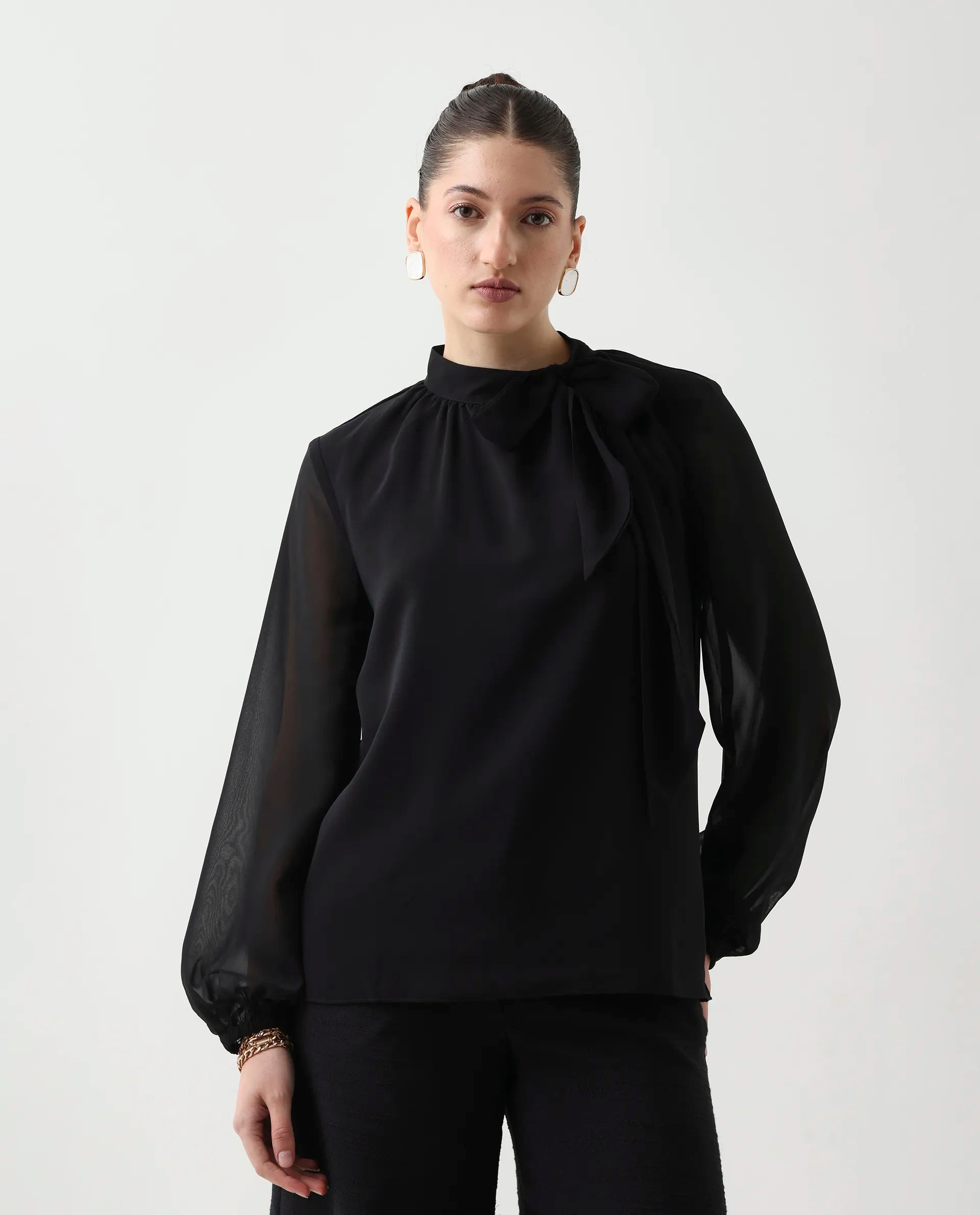 Rareism Women's Elden Black Polyester Bishop Sleeve Tie-Up Neck Regular Fit Plain Top | RAREISM at Broadway