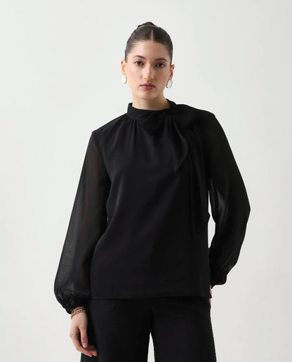 Rareism Women's Elden Black Polyester Bishop Sleeve Tie-Up Neck Regular Fit Plain Top | RAREISM at Broadway