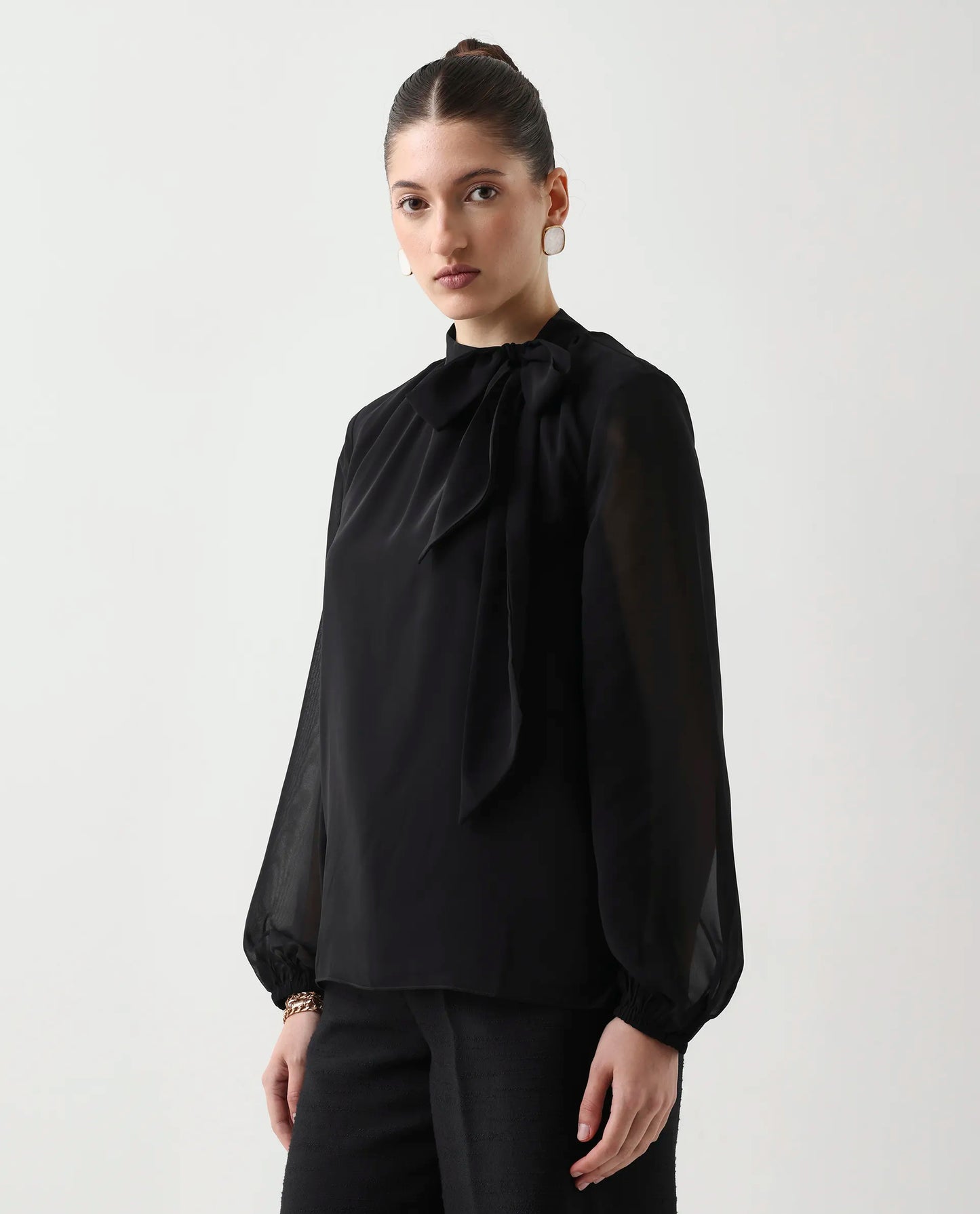 Rareism Women's Elden Black Polyester Bishop Sleeve Tie-Up Neck Regular Fit Plain Top | RAREISM at Broadway