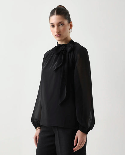 Rareism Women's Elden Black Polyester Bishop Sleeve Tie-Up Neck Regular Fit Plain Top | RAREISM at Broadway