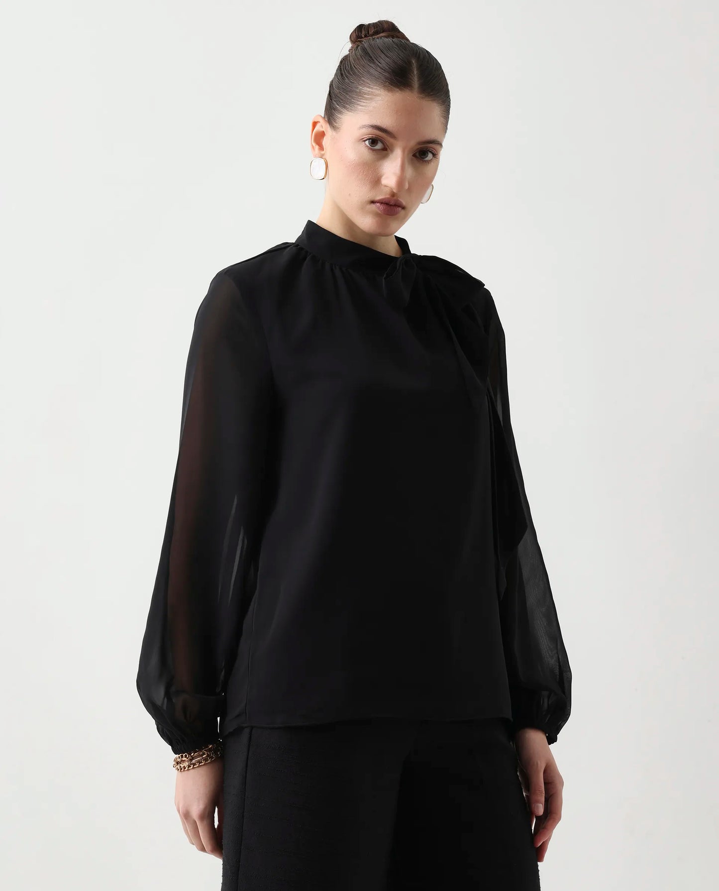Rareism Women's Elden Black Polyester Bishop Sleeve Tie-Up Neck Regular Fit Plain Top | RAREISM at Broadway