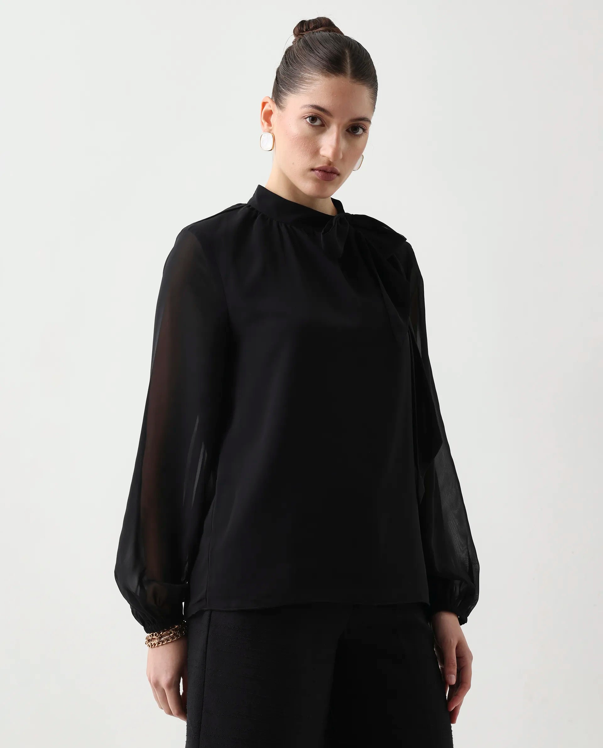 Rareism Women's Elden Black Polyester Bishop Sleeve Tie-Up Neck Regular Fit Plain Top | RAREISM at Broadway