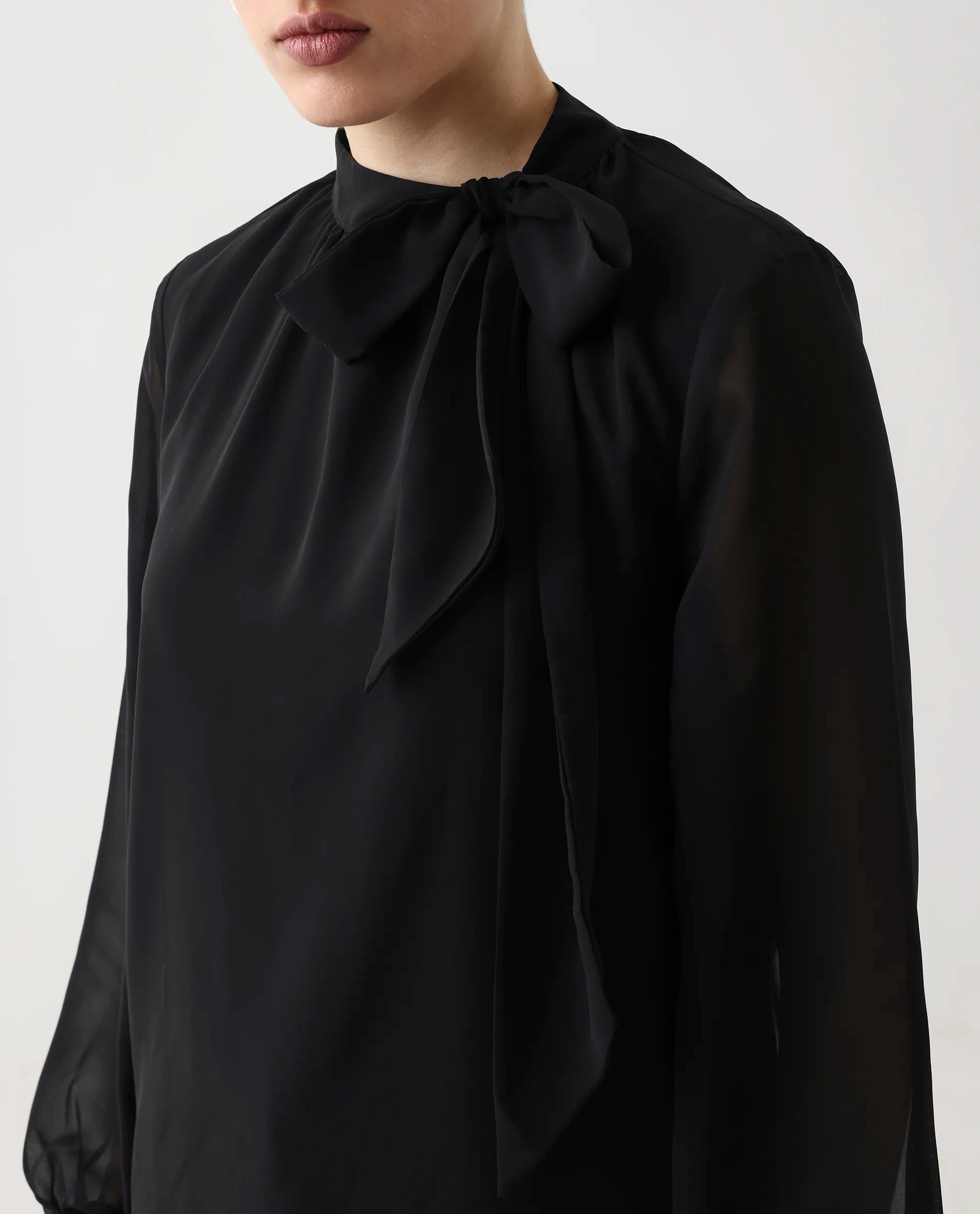 Rareism Women's Elden Black Polyester Bishop Sleeve Tie-Up Neck Regular Fit Plain Top | RAREISM at Broadway