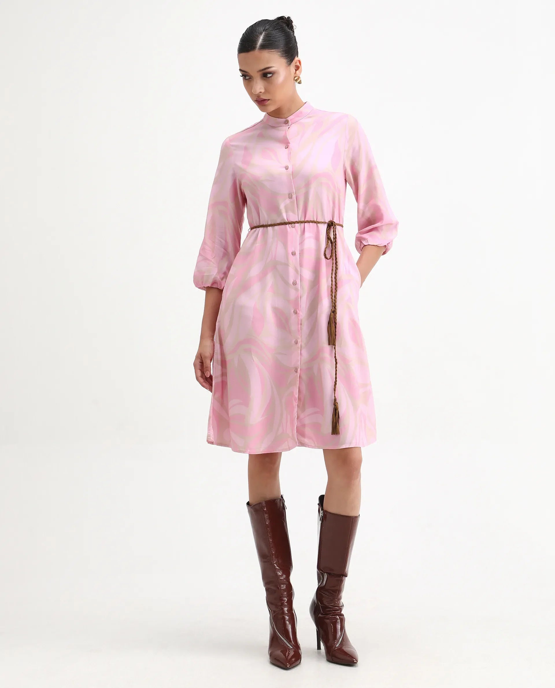 Rareism Women's Elena Light Pink Viscose Mandarin Collar A-Line Printed Dress | RAREISM at Broadway