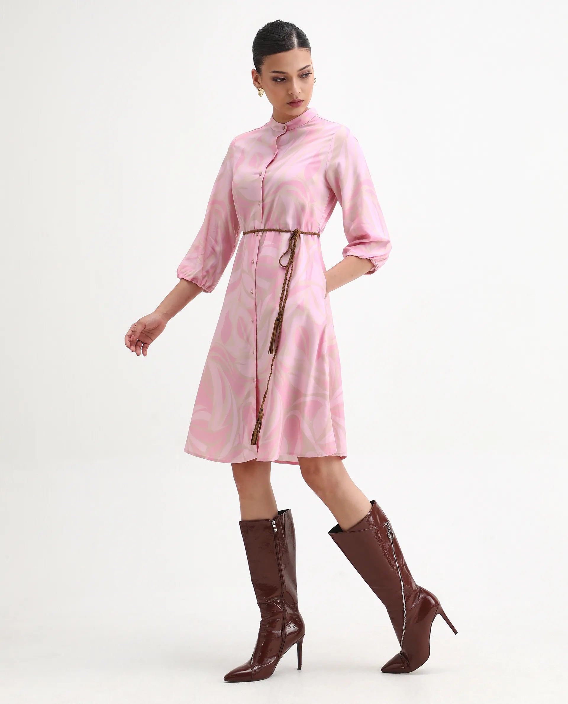 Rareism Women's Elena Light Pink Viscose Mandarin Collar A-Line Printed Dress | RAREISM at Broadway