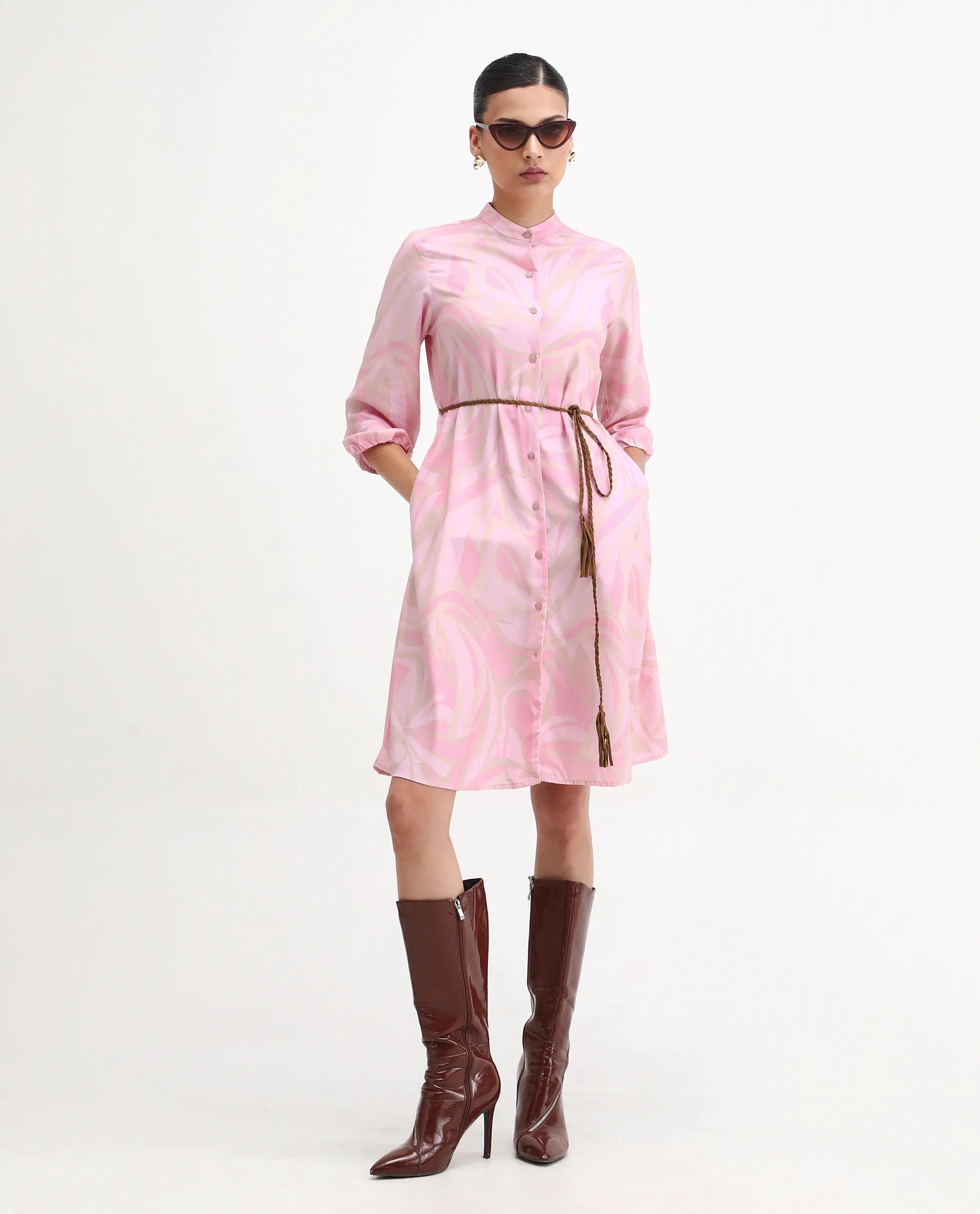 Rareism Women's Elena Light Pink Viscose Mandarin Collar A-Line Printed Dress | RAREISM at Broadway