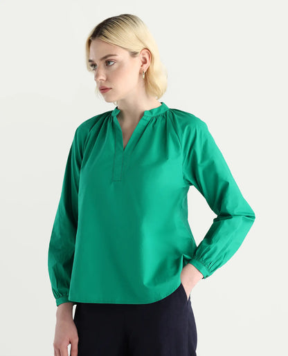 Rareism Women's Elmar Green Cotton Raglan Sleeves Mandarin Collar Regular Fit Plain Top | RAREISM at Broadway