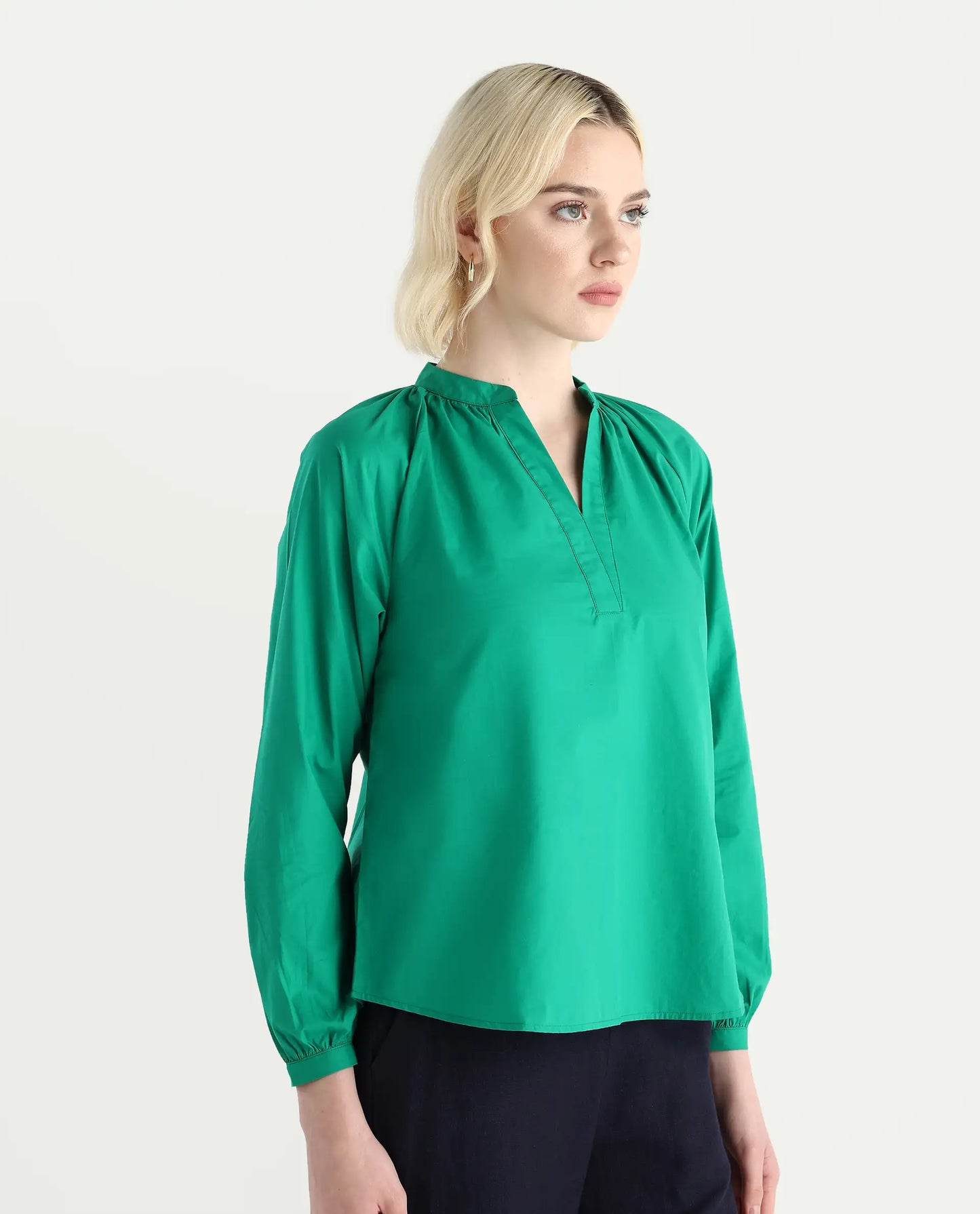 Rareism Women's Elmar Green Cotton Raglan Sleeves Mandarin Collar Regular Fit Plain Top | RAREISM at Broadway