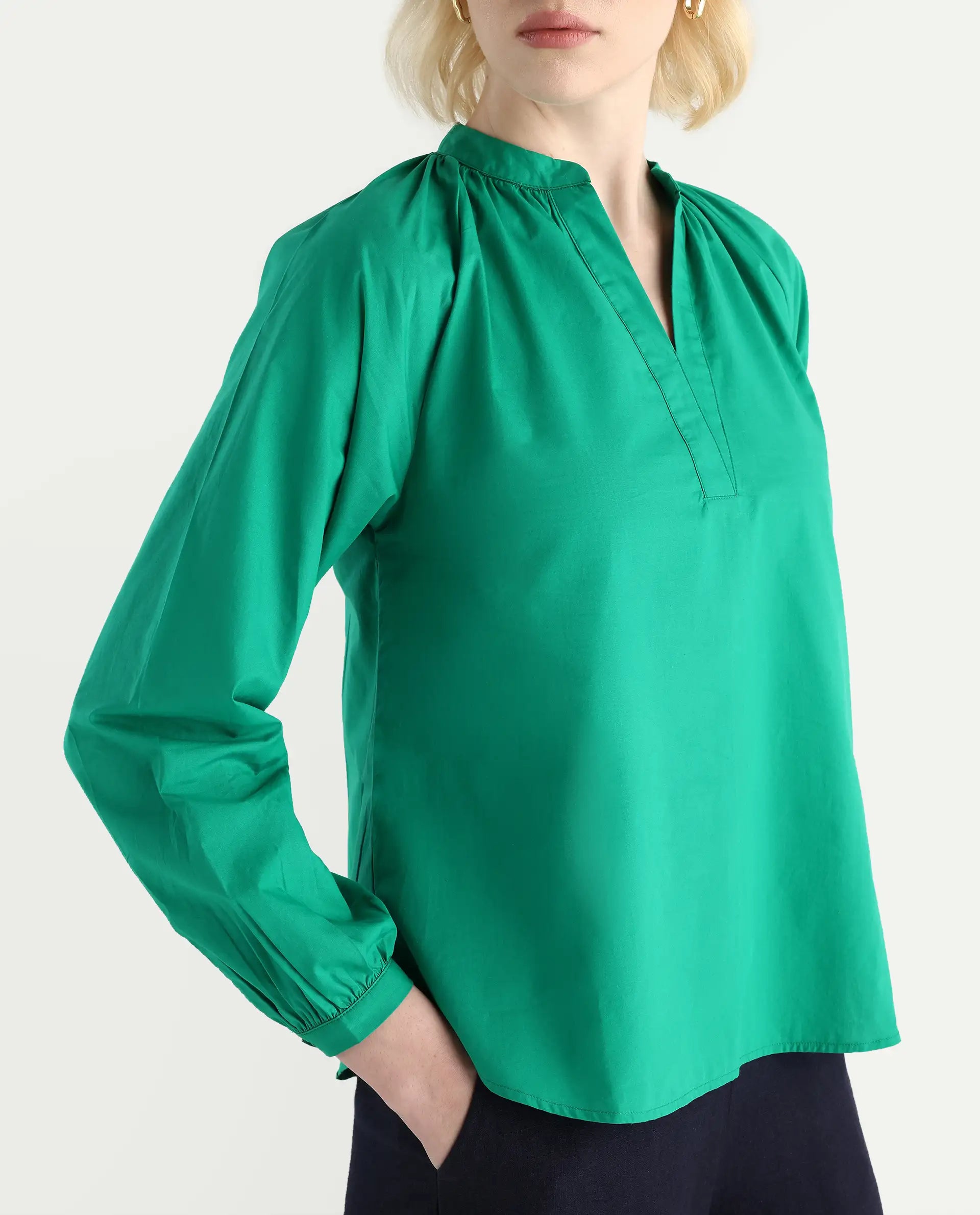 Rareism Women's Elmar Green Cotton Raglan Sleeves Mandarin Collar Regular Fit Plain Top | RAREISM at Broadway