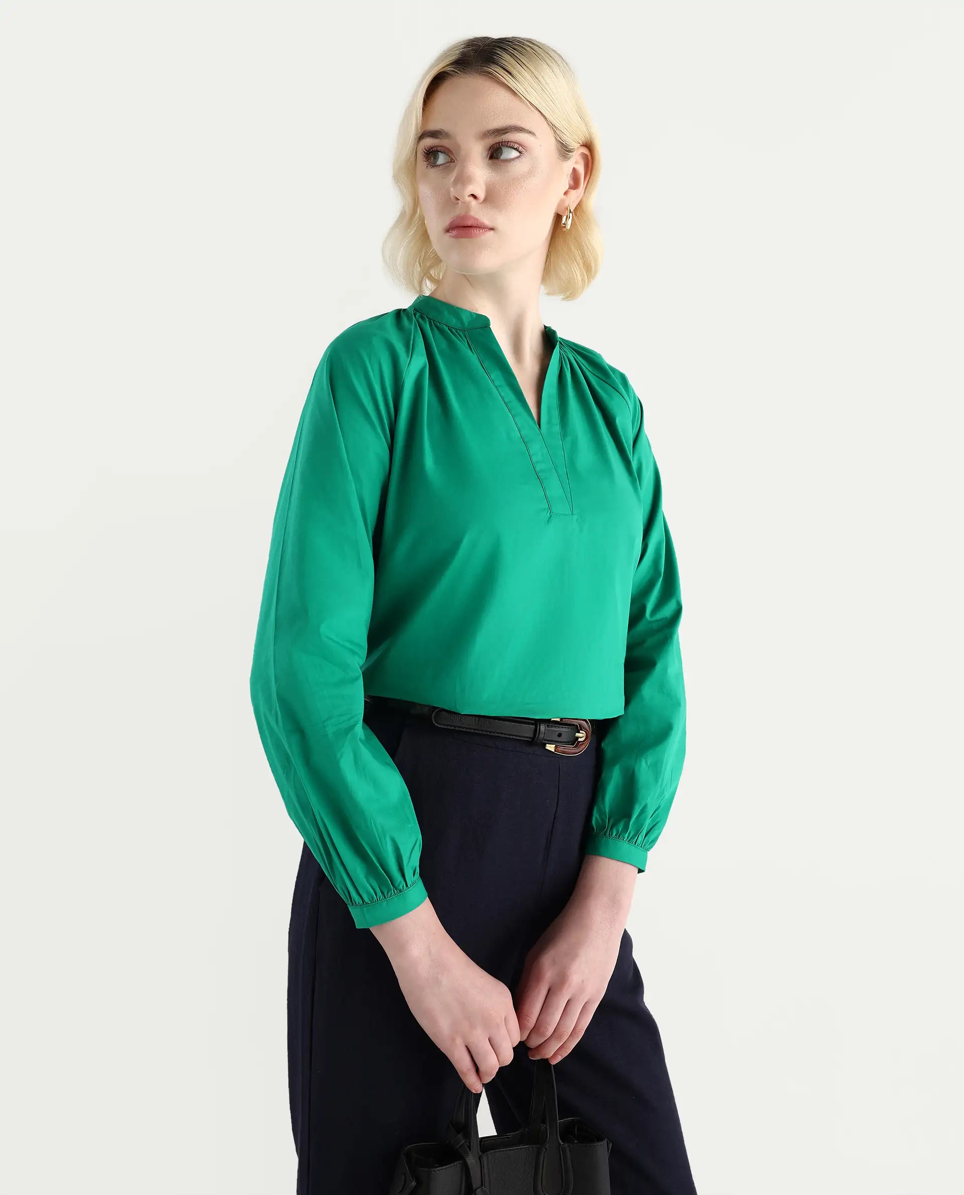 Rareism Women's Elmar Green Cotton Raglan Sleeves Mandarin Collar Regular Fit Plain Top | RAREISM at Broadway