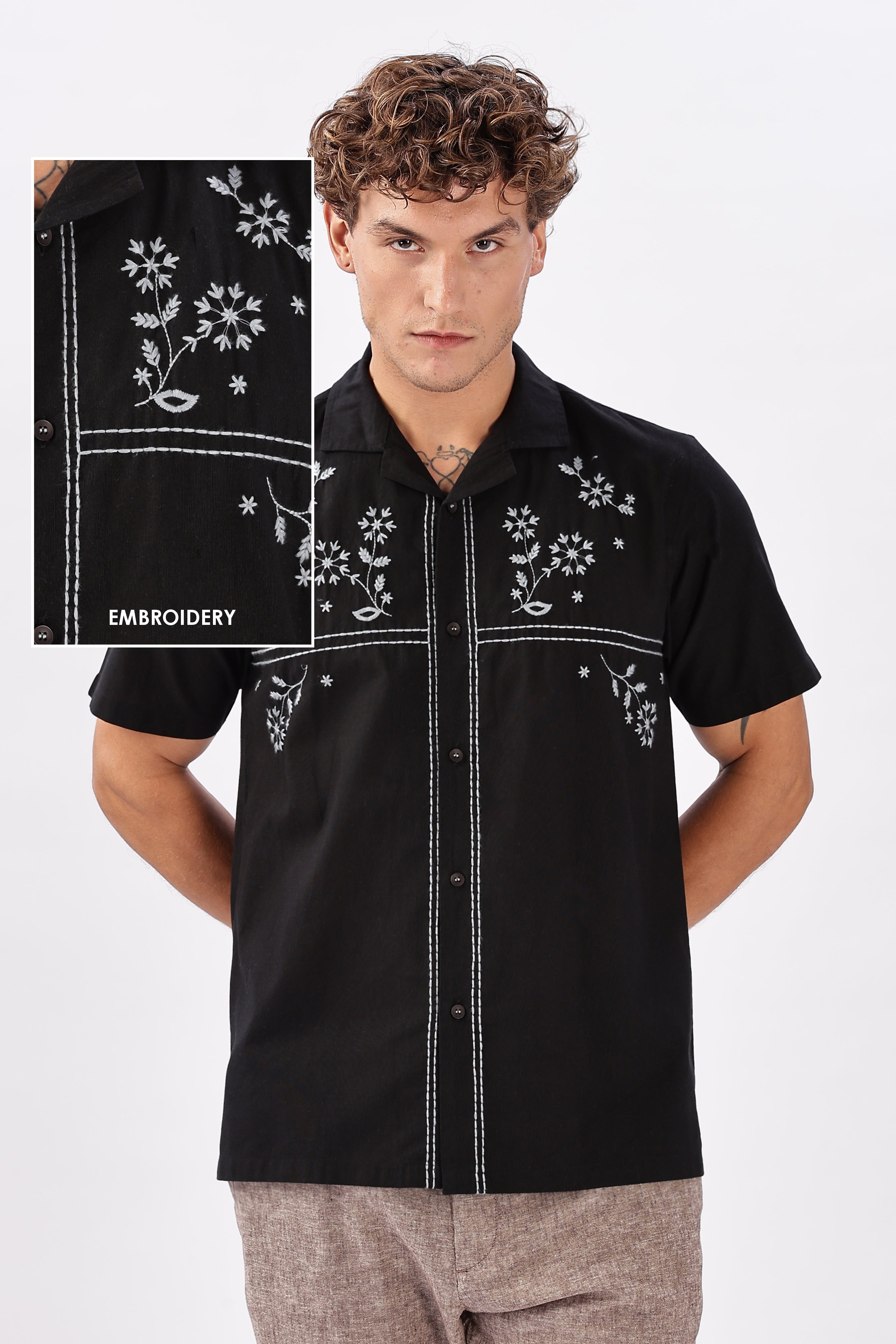 Lugo Black Embroidered Cuban Collar Shirt | Hamptons at Broadway