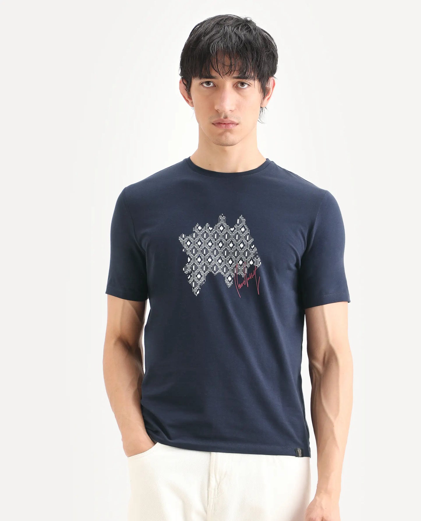 Rare Rabbit Men's Erine Navy Cotton Blend Fabric Half Sleeve Crew Neck Regular Fit Graphic Print T-Shirt
